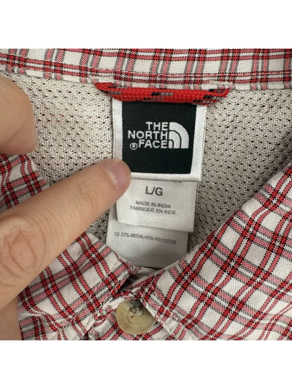The North Face Men's Short Sleeve Plaid Shirt L Red Modal Zip Pocket Outdoor